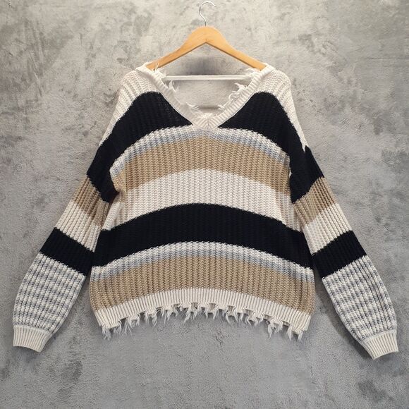 Rue 21 Sweater Women Sz M Black Brown Striped Distressed Hem V-Neck Oversized - Picture 6 of 10